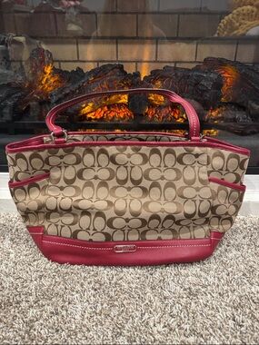 Coach Tan Signature Tote with Red Leather Trim